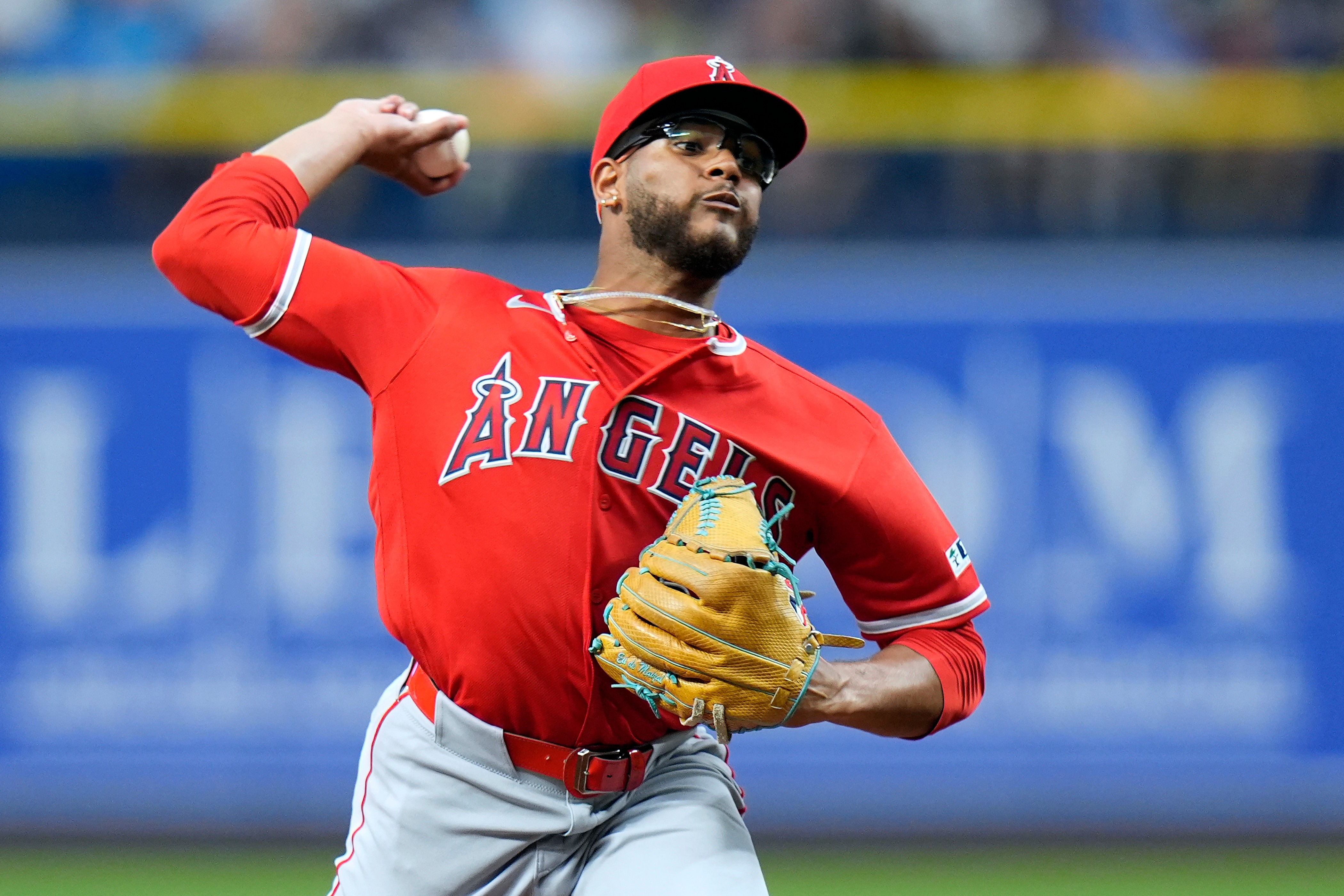Angels starting pitcher Walbert Ureña throws to the plate during...