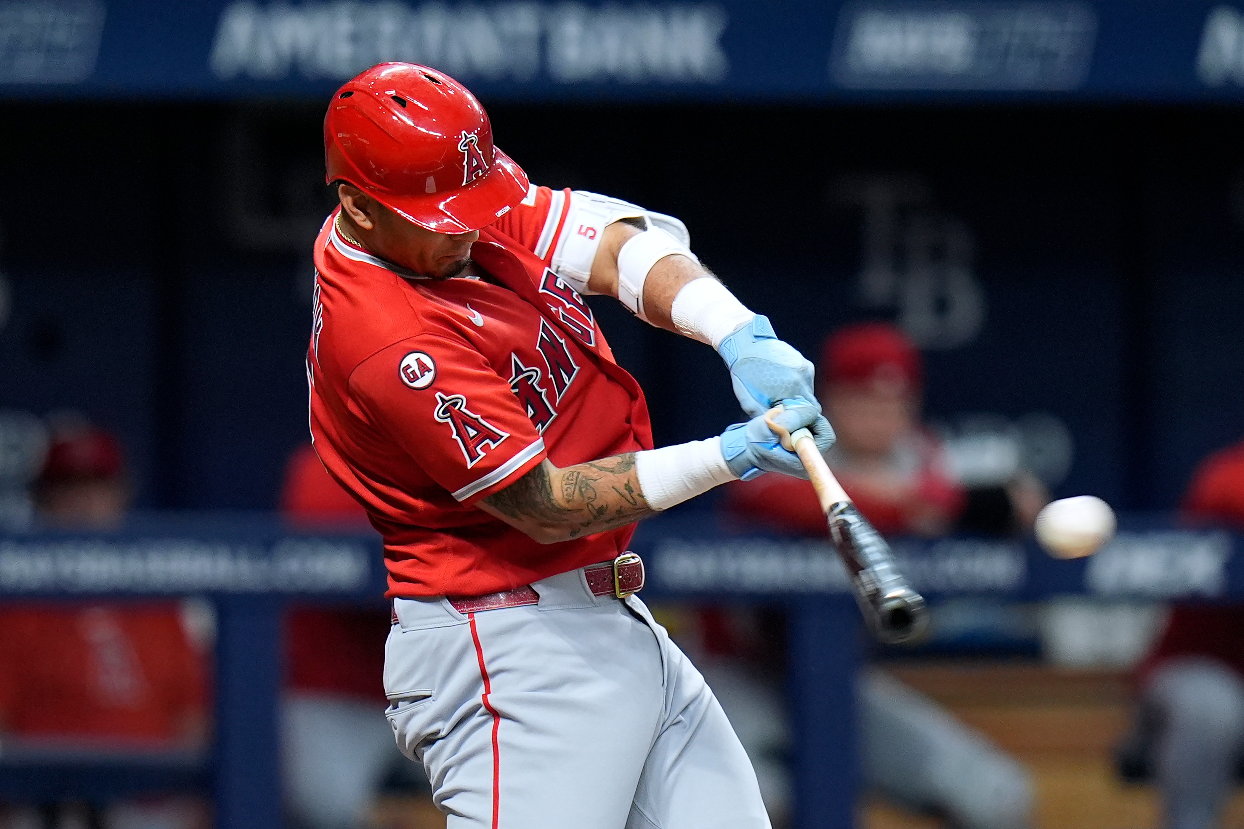 The Angels’ Vaughn Grissom connects for an RBI single during...