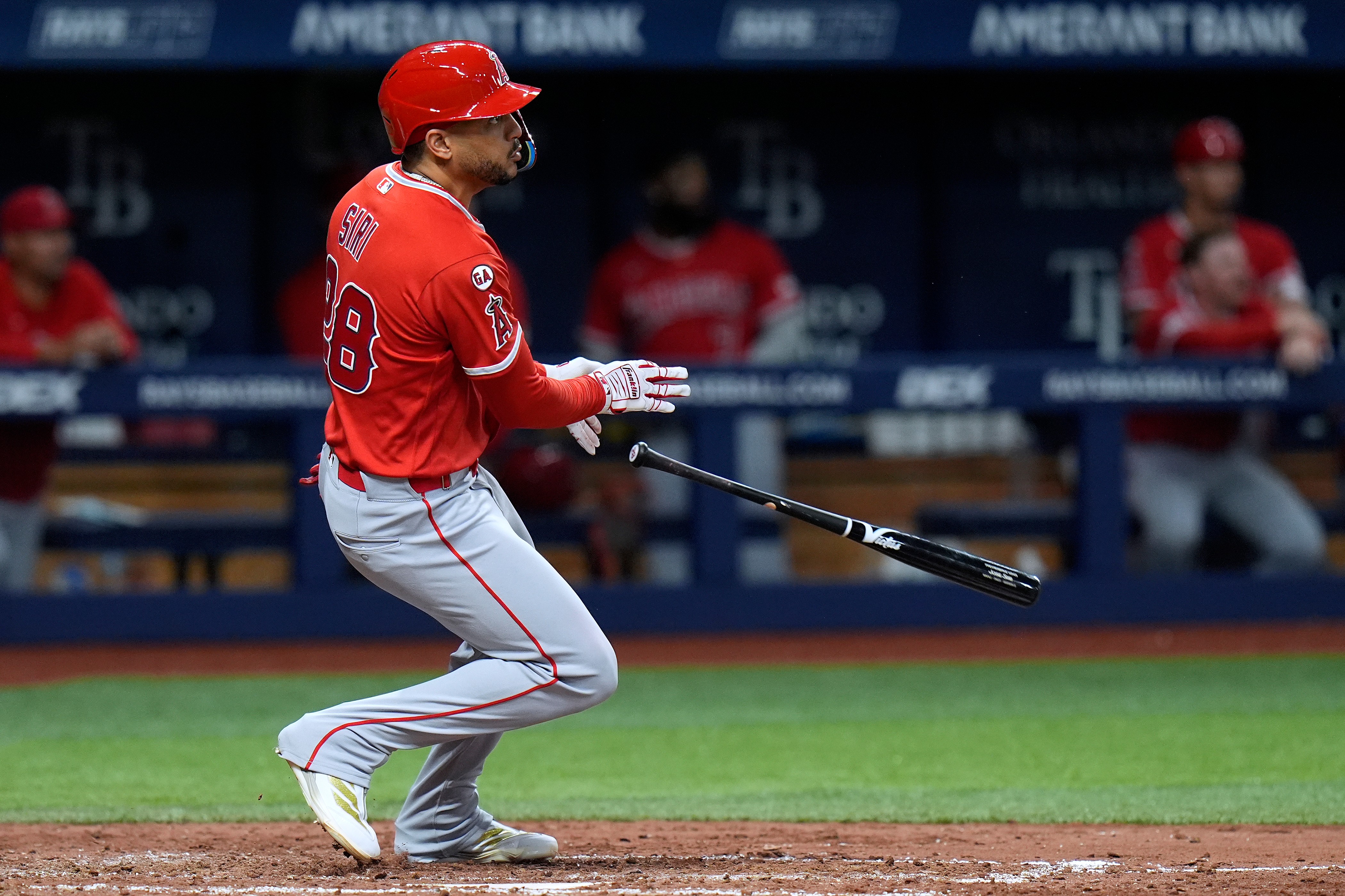 The Angels’ Jose Siri watches his double during the fifth...