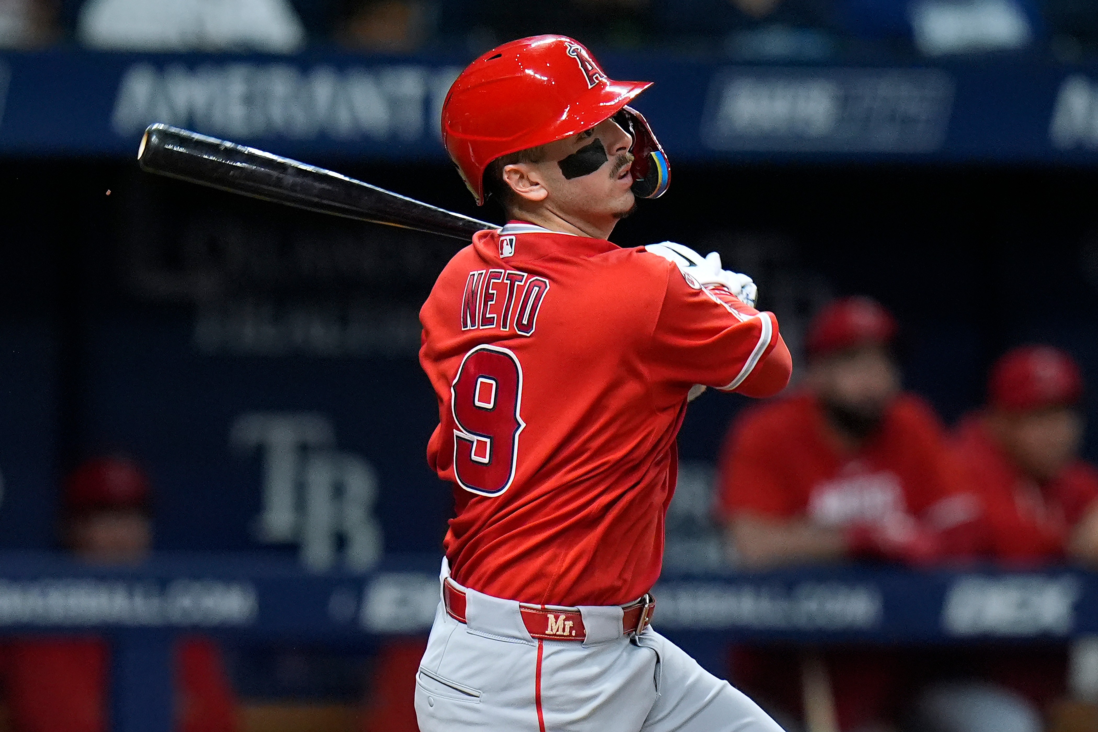 The Angels’ Zach Neto hits an RBI single during the...