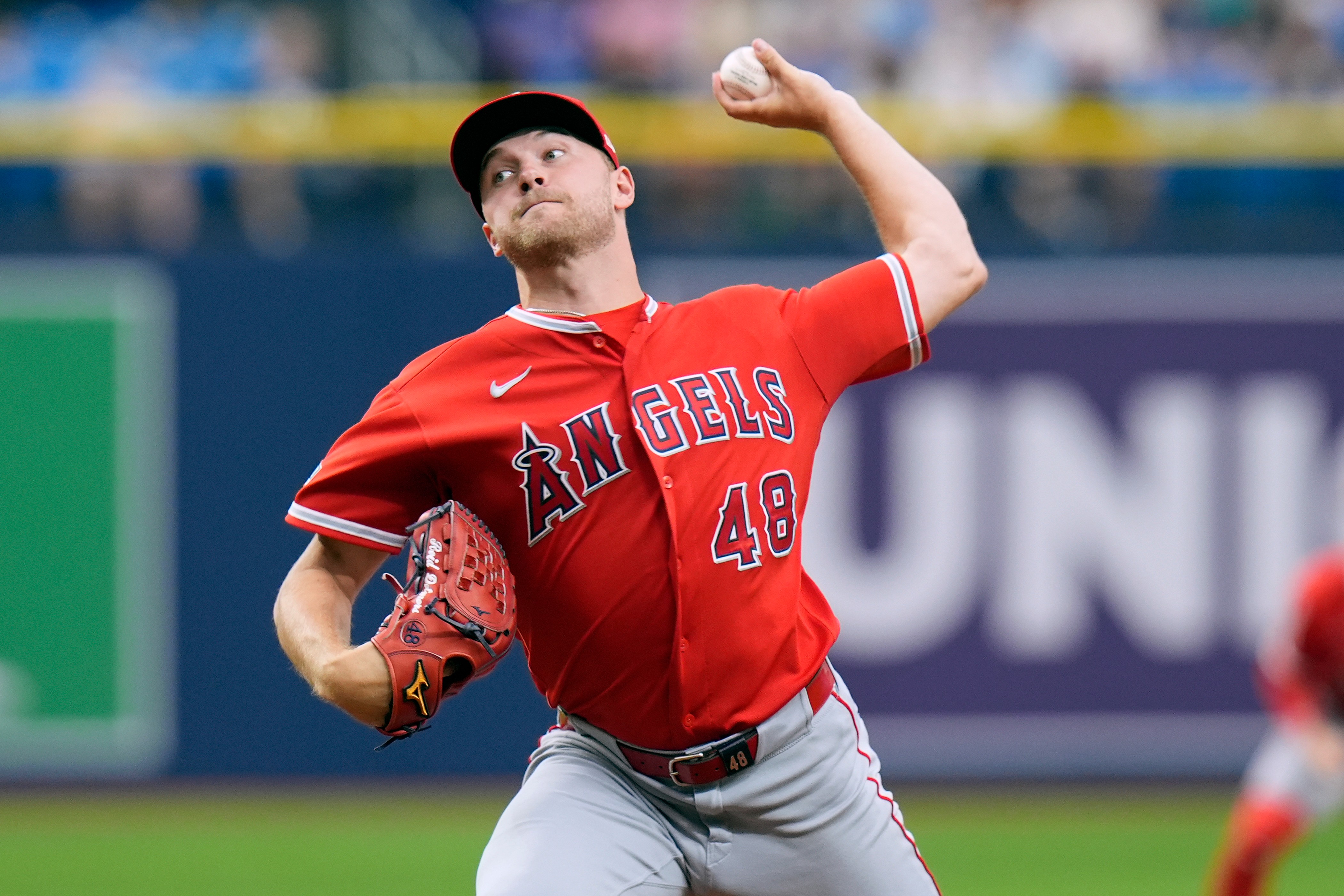 Angels pitcher Reid Detmers delivers to the Tampa Bay Rays...