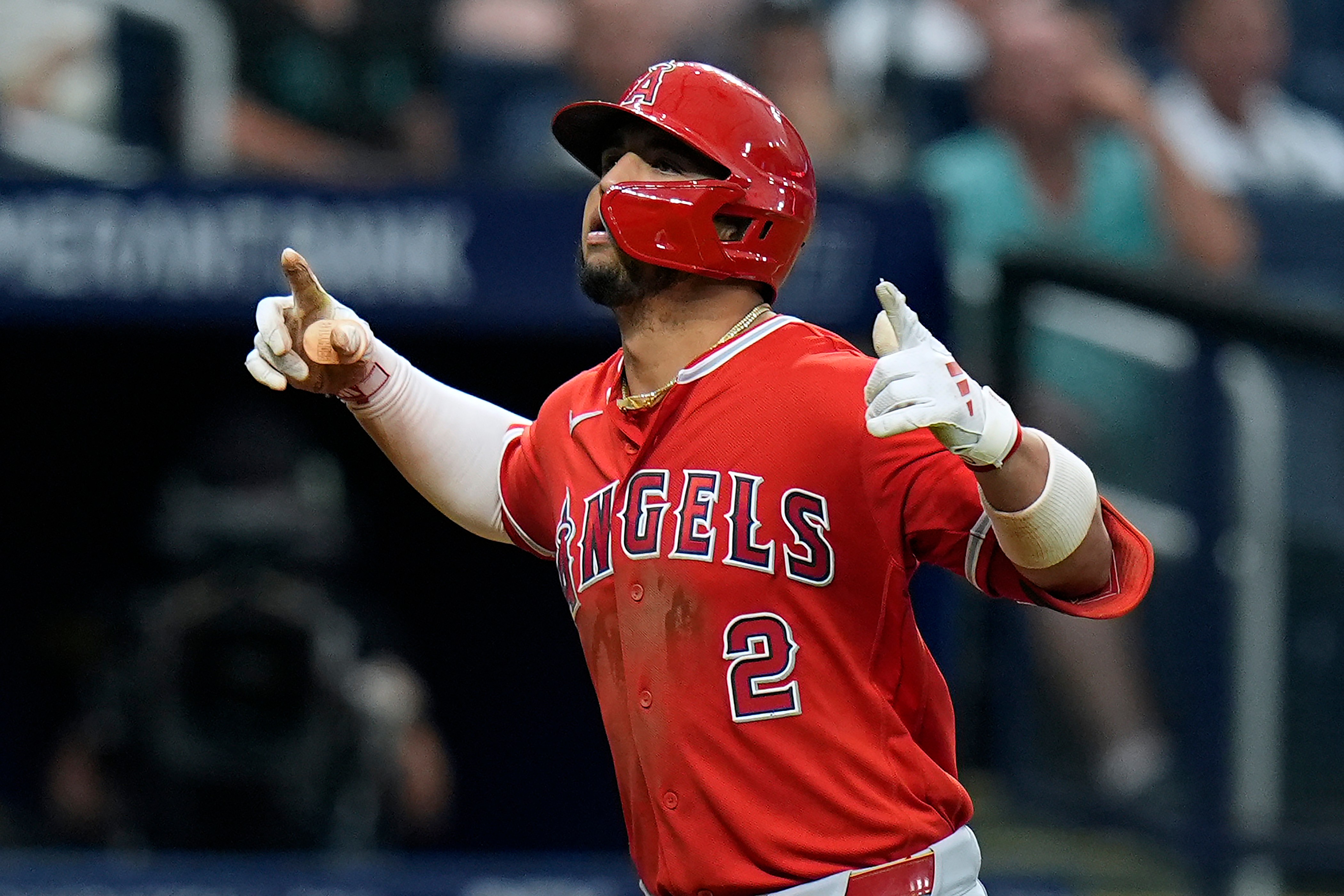 Angels’ Oswald Peraza (2) celebrates his home run off Tampa...