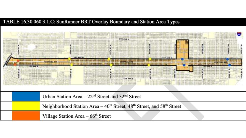 Map of St. Petersburg’s SunRunner overlay showing urban, neighborhood and village station areas along Central Avenue
