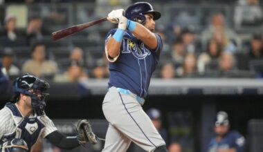 Tampa Bay's Jonathan Aranda hits an RBI double in the eighth inning of the Rays' 4-2 win against the Yankees Friday night in New York. (AP Photo/Yuki Iwamura)