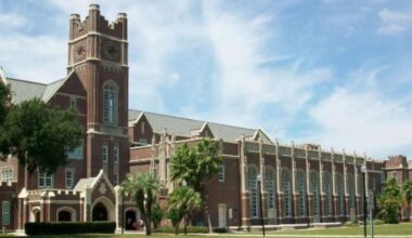 Historic Hillsborough County school building with clock tower and brick façade, representing district facilities funded by the half-penny sales tax.