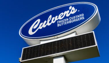 Culver’s restaurant sign with logo against blue sky