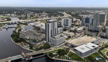 Aerial view of downtown Tampa Riverwalk with AER Tampa near the Straz Center