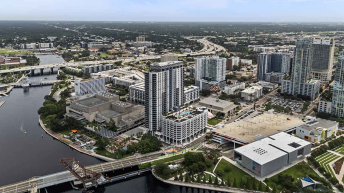 Aerial view of downtown Tampa Riverwalk with AER Tampa near the Straz Center