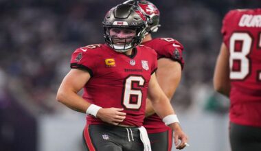 Bucs quarterback Baker Mayfield and his teammates will learn their 2026 schedule this week. (AP Photo/Eric Gay)