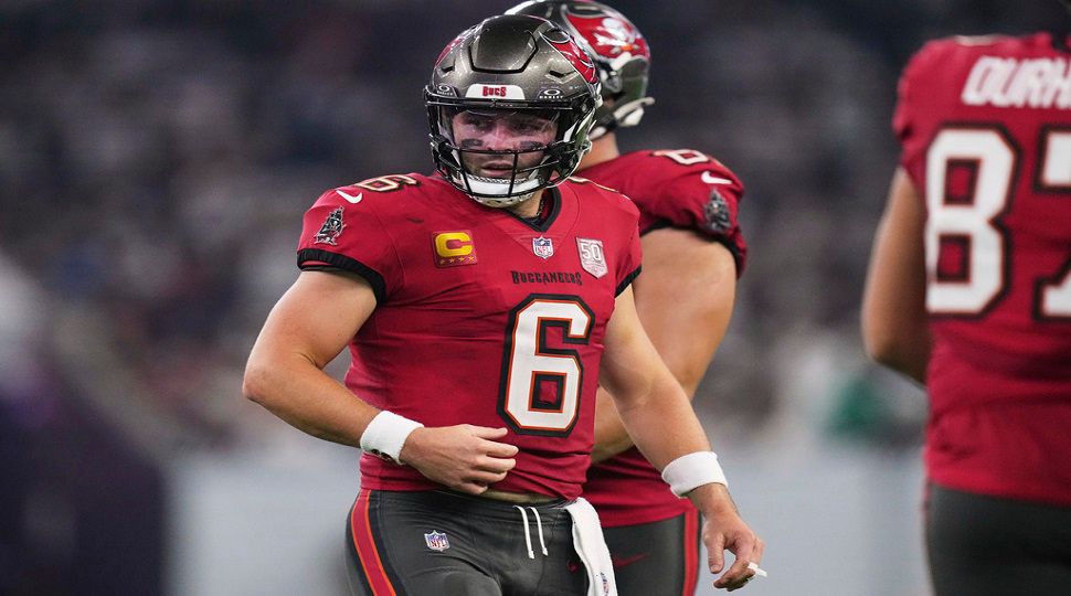 Bucs quarterback Baker Mayfield and his teammates will learn their 2026 schedule this week. (AP Photo/Eric Gay)