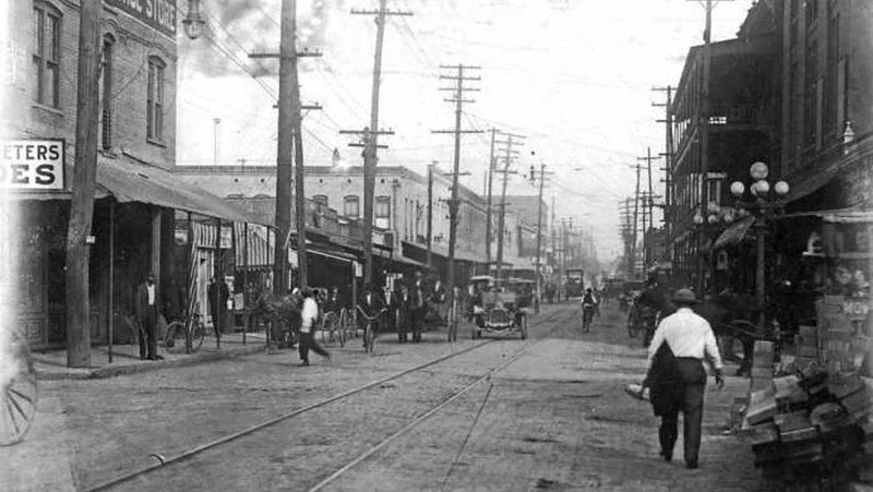A view down Bridge Street, which was part of Jacksonville's small Chinese laundry commercial corridor in the late 1800s