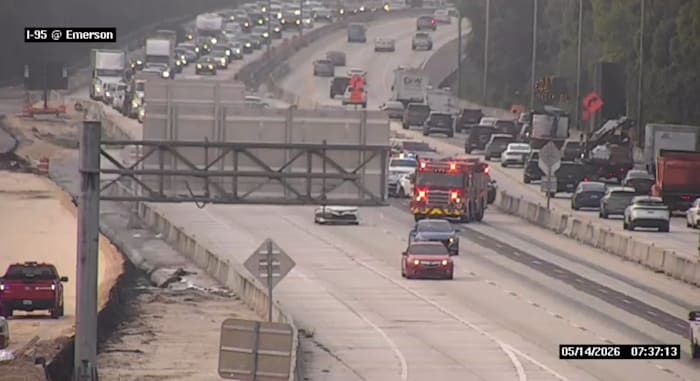 Traffic Alert: 2 left lanes on I-95 North at Emerson blocked after crash