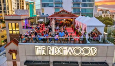 a rooftop bar with multiple people standing on the top