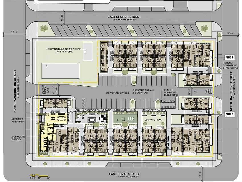 Plans show parking in the interior of the Cathedral Commons apartments at 527 E. Duval St., along with such amenities as a community grill and dining area, outdoor fitness facility and community garden. Plans show parking in the interior of the Cathedral Commons apartments at 527 E. Duval St., along with such amenities as a community grill and dining area, outdoor fitness facility and community garden.
