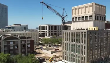 Aerial view of homes and offices under construction in Downtown Jacksonville.
