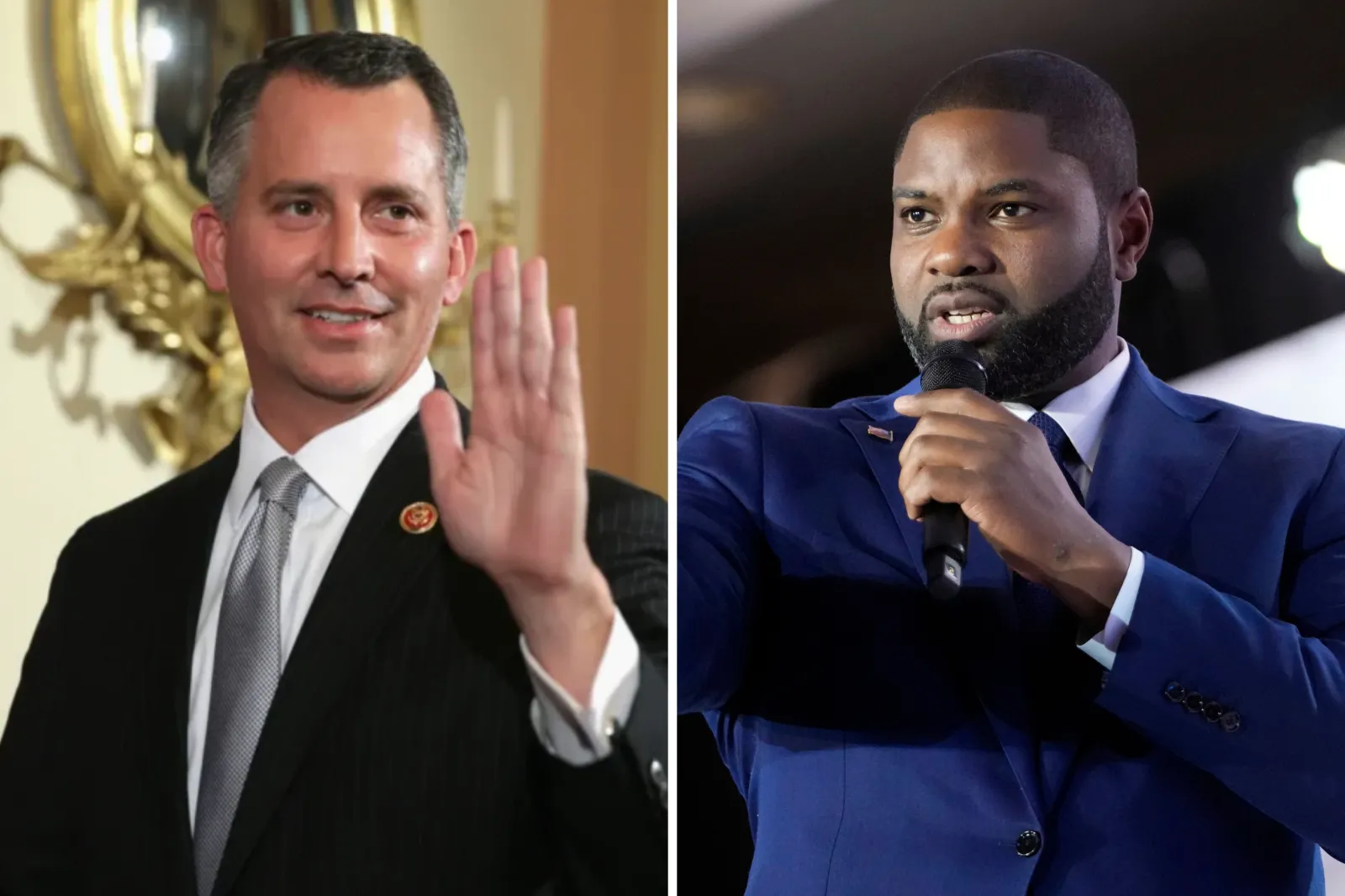 Left: David Jolly campaign image published on February 27, 2026, on his website. Right: Byron Donalds speaks before Donald Trump at the Moms for Liberty annual convention in Washington, Friday, August 30, 2024.