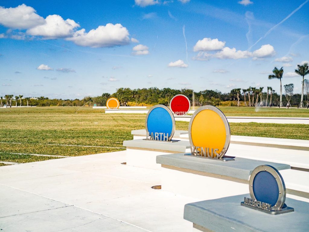 Explore a solar system-inspired display centered around a large sundial and planet-themed installations. Photo courtesy of Mattamy Homes and the City of Port St. Lucie