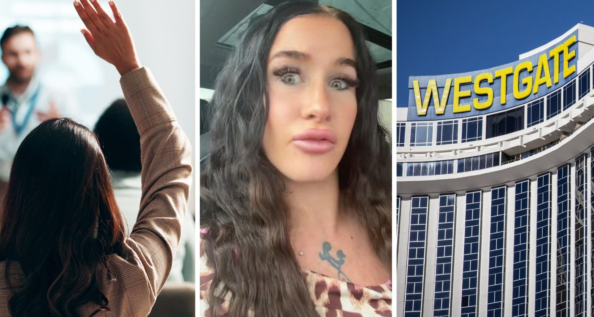 woman sitting at presentation (l) woman shares westgate concern (c) Westgate front entrance (r)
