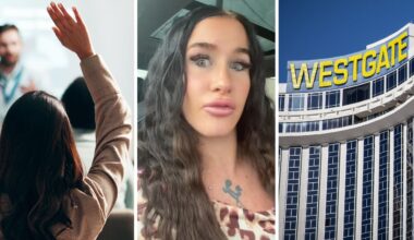 woman sitting at presentation (l) woman shares westgate concern (c) Westgate front entrance (r)