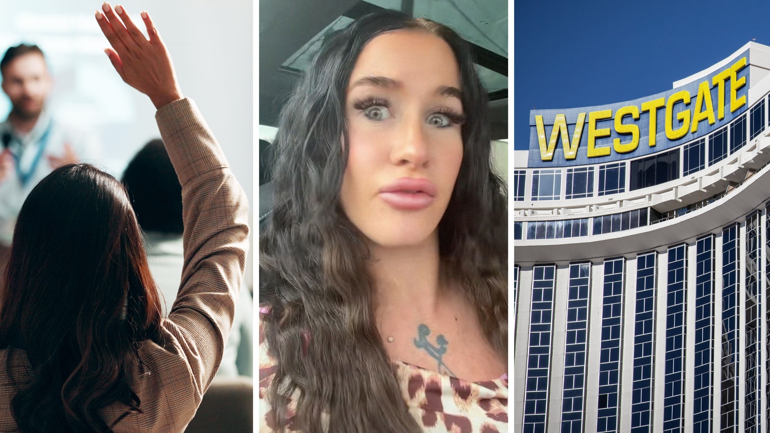 woman sitting at presentation (l) woman shares westgate concern (c) Westgate front entrance (r)