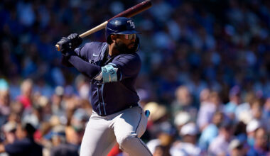 CHICAGO, ILLINOIS - SEPTEMBER 14: Junior Caminero #13 of the Tampa Bay Rays bats in a game against the Chicago Cubs at Wrigley Field on September 14, 2025 in Chicago, Illinois. (Photo by Matt Dirksen/Getty Images)