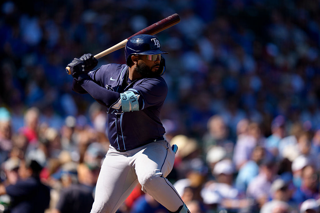 CHICAGO, ILLINOIS - SEPTEMBER 14: Junior Caminero #13 of the Tampa Bay Rays bats in a game against the Chicago Cubs at Wrigley Field on September 14, 2025 in Chicago, Illinois. (Photo by Matt Dirksen/Getty Images)