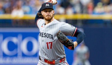 ST PETERSBURG, FLORIDA - APRIL 25: Bailey Ober #17 of the Minnesota Twins pitches in the bottom of the first inning against the Tampa Bay Rays at Tropicana Field on April 25, 2026 in St Petersburg, Florida.