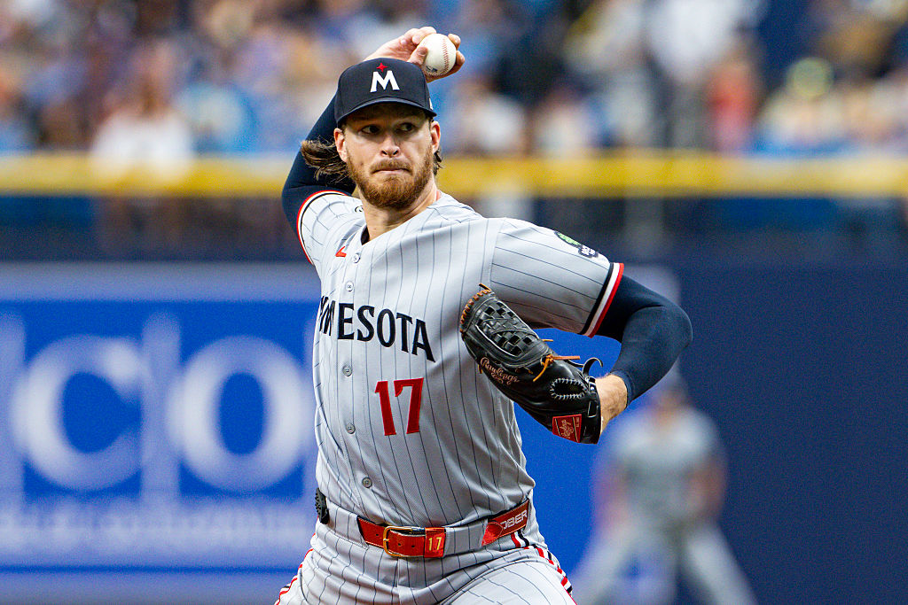 ST PETERSBURG, FLORIDA - APRIL 25: Bailey Ober #17 of the Minnesota Twins pitches in the bottom of the first inning against the Tampa Bay Rays at Tropicana Field on April 25, 2026 in St Petersburg, Florida.