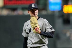 HOUSTON, TEXAS - APRIL 24: Will Warren #29 of the New York Yankees reacts after the second inning against the Houston Astros at Daikin Park on April 24, 2026 in Houston, Texas. (Photo by Tim Warner/Getty Images)