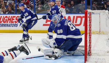 TAMPA, FL - APRIL 29: Andrei Vasilevskiy #88 of the Tampa Bay Lightning makes a save against the Montréal Canadiens in the first period of Game Five of the First Round of the 2026 Stanley Cup Playoffs at the Benchmark International Arena on April 29, 2026 in Tampa, Florida. (Photo by Mike Carlson/Getty Images)