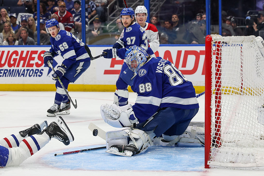 TAMPA, FL - APRIL 29: Andrei Vasilevskiy #88 of the Tampa Bay Lightning makes a save against the Montréal Canadiens in the first period of Game Five of the First Round of the 2026 Stanley Cup Playoffs at the Benchmark International Arena on April 29, 2026 in Tampa, Florida. (Photo by Mike Carlson/Getty Images)