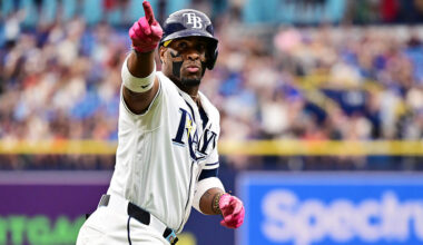 ST PETERSBURG, FLORIDA - APRIL 26: Yandy Díaz #2 of the Tampa Bay Rays reacts after hitting a two-run home run in the third inning against the Minnesota Twins at Tropicana Field on April 26, 2026 in St Petersburg, Florida. (Photo by Julio Aguilar/Getty Images)