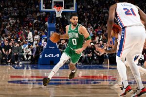 PHILADELPHIA, PA - APRIL 30: Jayson Tatum #0 of the Boston Celtics dribbles the ball during the game against the Philadelphia 76ers during Round One Game Six of the 2026 NBA Playoffs on April 30, 2026 at the Wells Fargo Center in Philadelphia, Pennsylvania NOTE TO USER: User expressly acknowledges and agrees that, by downloading and/or using this Photograph, user is consenting to the terms and conditions of the Getty Images License Agreement. Mandatory Copyright Notice: Copyright 2026 NBAE (Photo by David Dow/NBAE via Getty Images)