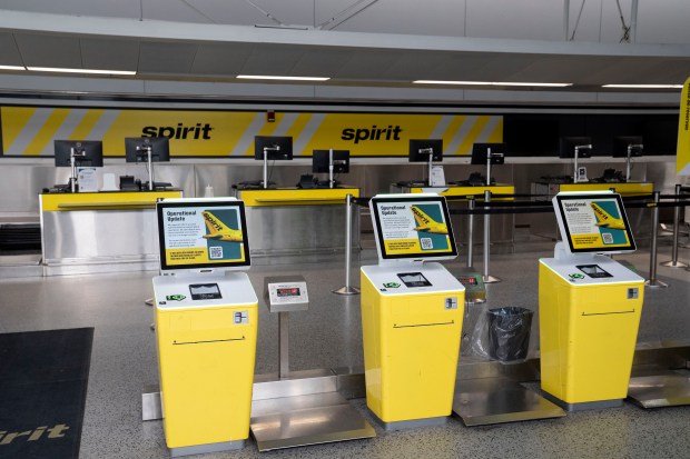 The Spirit Airlines ticket counter at Detroit Metro Airport is closed down after the airline shutdown overnight on May 2, 2026 in Romulus, Michigan. (Photo by Sarah Rice/Getty Images)