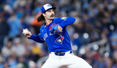 TORONTO, CANADA - APRIL 27: Dylan Cease #84 of the Toronto Blue Jays pitches against the Boston Red Sox during the first inning of their MLB game at Rogers Centre on April 27, 2026 in Toronto, Canada. (Photo by Mark Blinch/Getty Images)