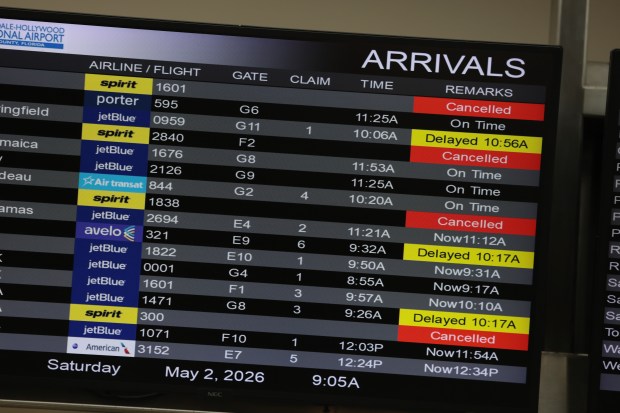 Spirit Airlines flights are shown as canceled on a board after the company announced it was shutting down at the Fort Lauderdale-Hollywood International Airport on May 2, 2026 in Fort Lauderdale, Florida. (Photo by Joe Raedle/Getty Images)