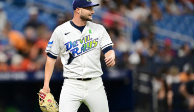 ST PETERSBURG, FLORIDA - MAY 01: Shane McClanahan #18 of the Tampa Bay Rays looks on during a game against the San Francisco Giants at Tropicana Field on May 01, 2026 in St Petersburg, Florida. (Photo by Julio Aguilar/Getty Images)