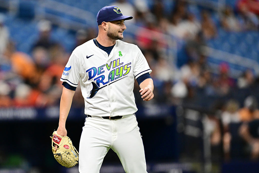 ST PETERSBURG, FLORIDA - MAY 01: Shane McClanahan #18 of the Tampa Bay Rays looks on during a game against the San Francisco Giants at Tropicana Field on May 01, 2026 in St Petersburg, Florida. (Photo by Julio Aguilar/Getty Images)