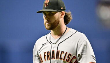 ST PETERSBURG, FLORIDA - MAY 02: Landen Roupp #65 of the San Francisco Giants walks off the field following the fourth inning against the Tampa Bay Rays at Tropicana Field on May 02, 2026 in St Petersburg, Florida. (Photo by Julio Aguilar/Getty Images)