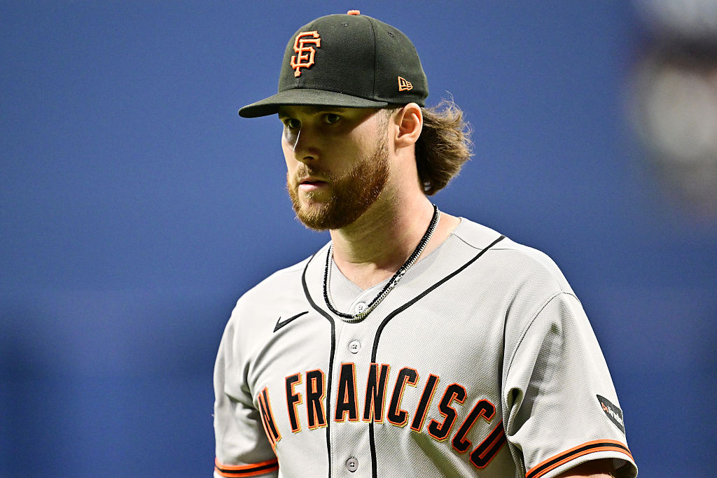 ST PETERSBURG, FLORIDA - MAY 02: Landen Roupp #65 of the San Francisco Giants walks off the field following the fourth inning against the Tampa Bay Rays at Tropicana Field on May 02, 2026 in St Petersburg, Florida. (Photo by Julio Aguilar/Getty Images)