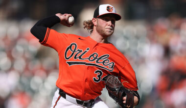 BALTIMORE, MARYLAND - MAY 9: Shane Baz #34 of the Baltimore Orioles throws a pitch against the Athletics during the second inning at Oriole Park at Camden Yards on May 9, 2026 in Baltimore, Maryland.