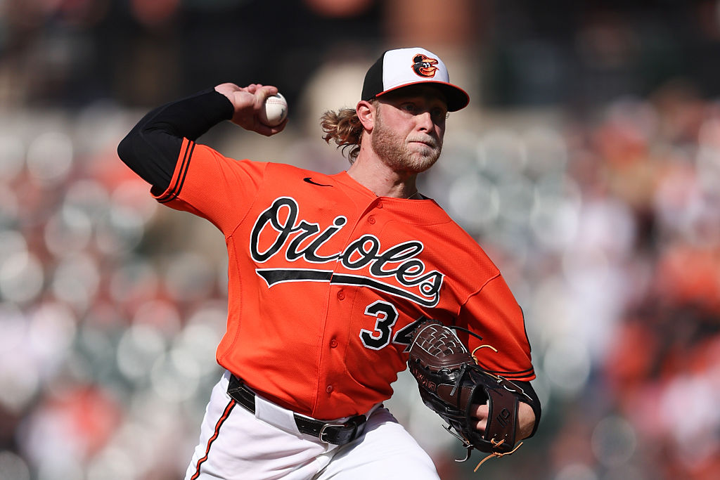 BALTIMORE, MARYLAND - MAY 9: Shane Baz #34 of the Baltimore Orioles throws a pitch against the Athletics during the second inning at Oriole Park at Camden Yards on May 9, 2026 in Baltimore, Maryland.