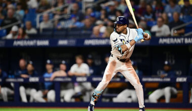 ST PETERSBURG, FLORIDA - MAY 18: Chandler Simpson #14 of the Tampa Bay Rays at bat during a game against the Baltimore Orioles at Tropicana Field on May 18, 2026 in St Petersburg, Florida. (Photo by Julio Aguilar/Getty Images)