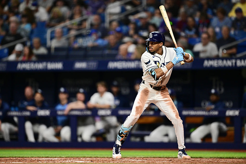 ST PETERSBURG, FLORIDA - MAY 18: Chandler Simpson #14 of the Tampa Bay Rays at bat during a game against the Baltimore Orioles at Tropicana Field on May 18, 2026 in St Petersburg, Florida. (Photo by Julio Aguilar/Getty Images)