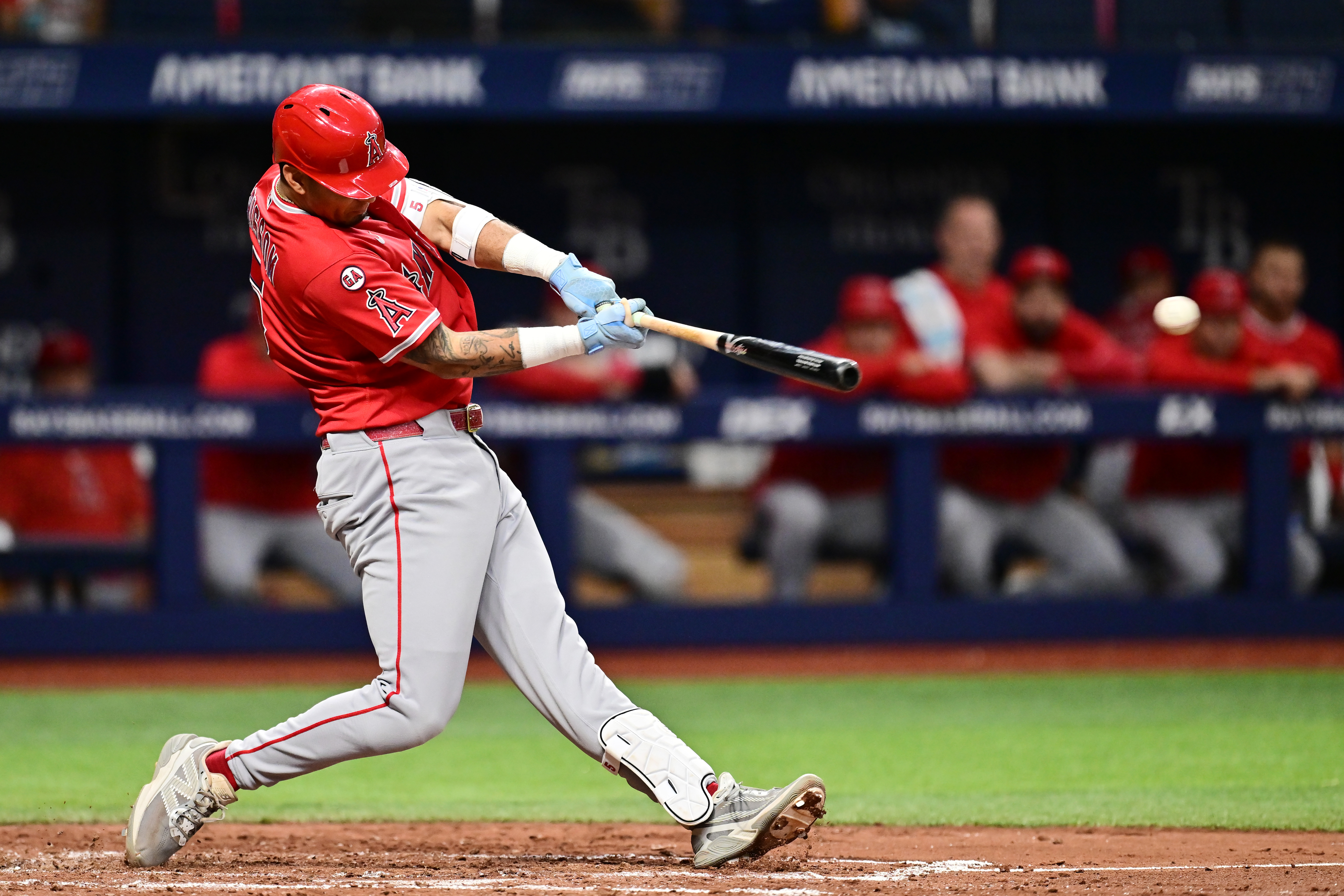 The Angels’ Vaughn Grissom hits an RBI single during the...