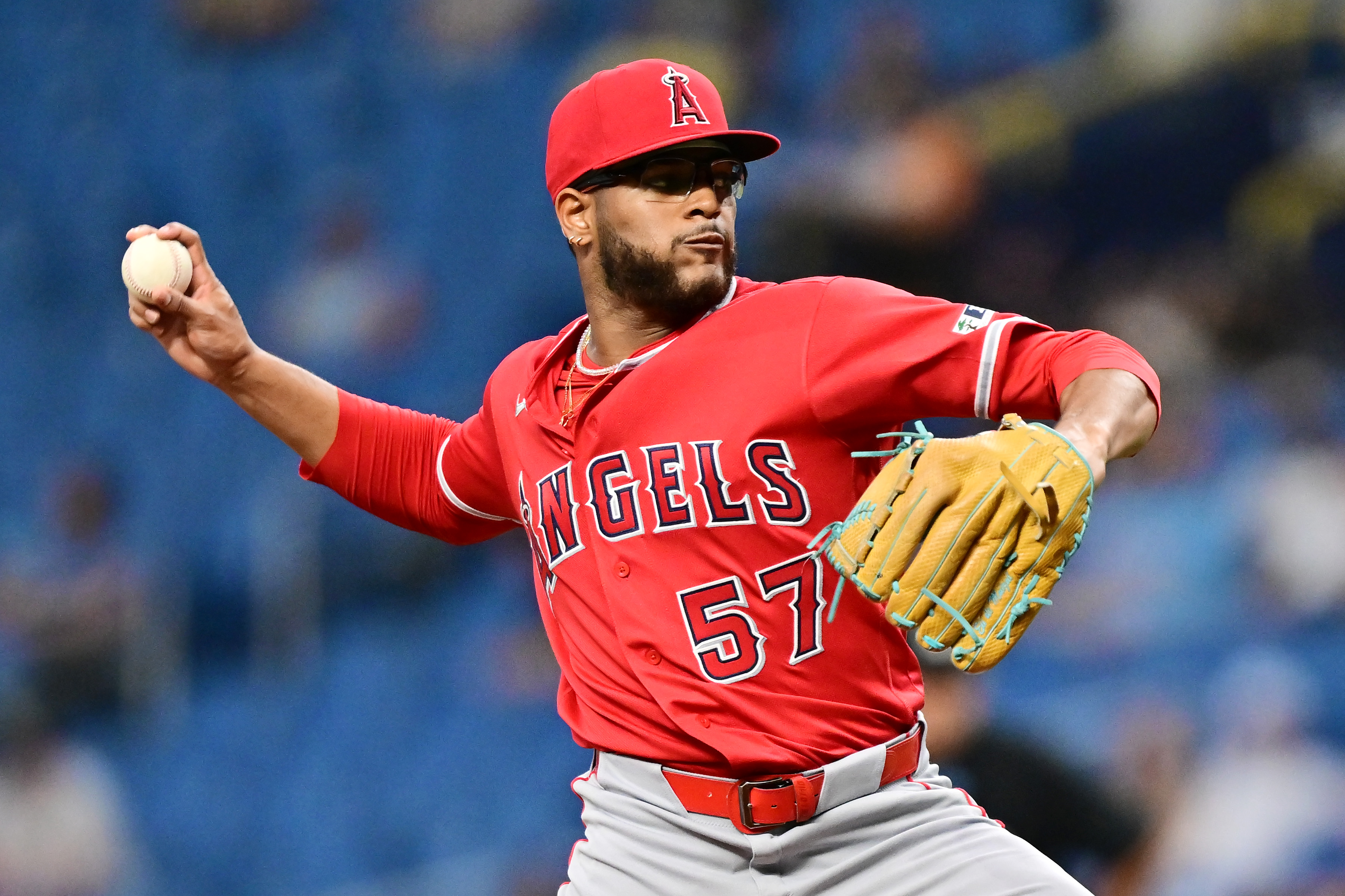 Angels starting pitcher Walbert Ureña throws to the plate during...