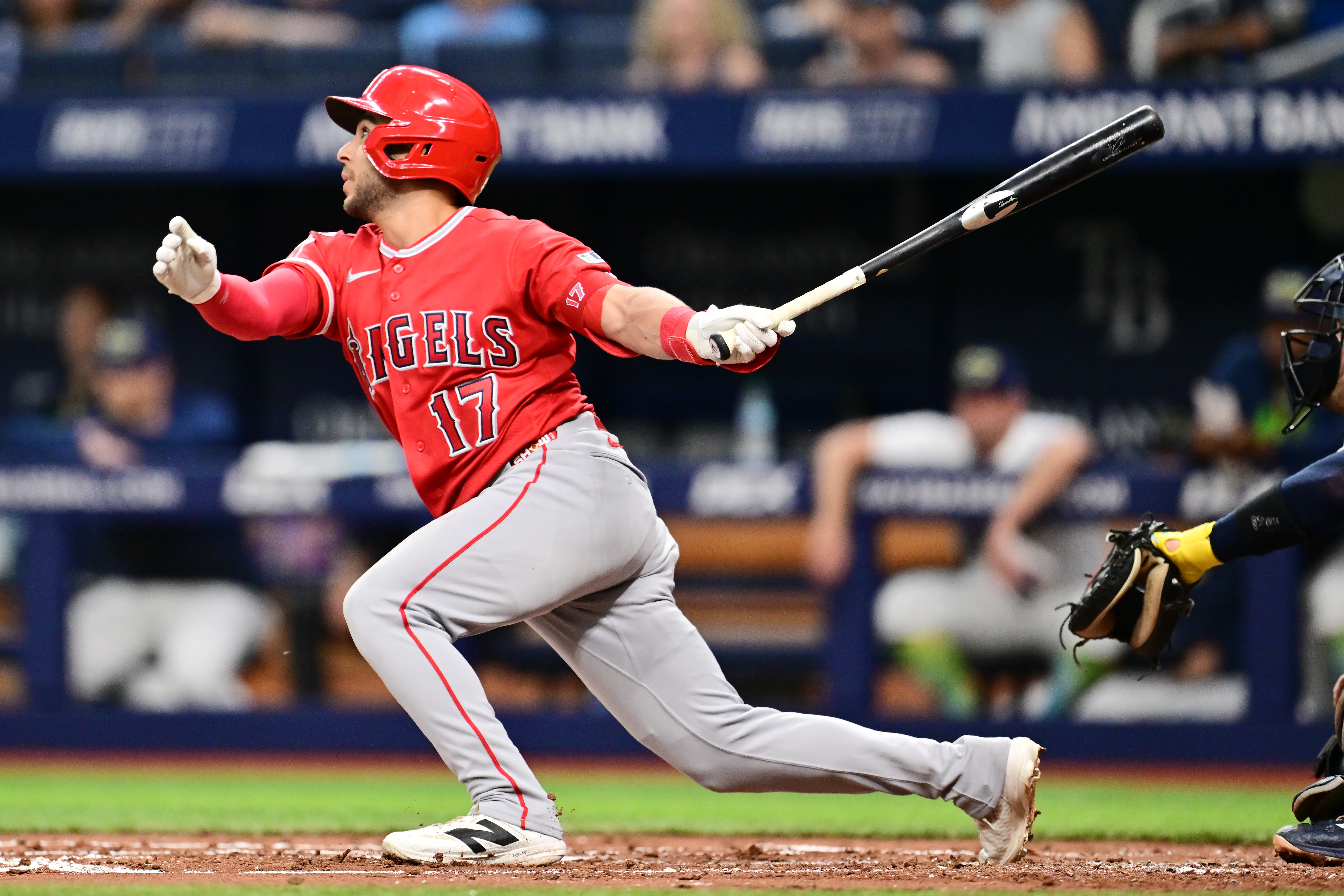 The Angels’ Nick Madrigal hits a single during the second...