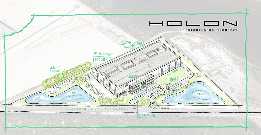 An illustration of the Holon factory in North Jacksonville. The site along Zoo Parkway is on about 40 acres near the Imeson Park South industrial park. An illustration of the Holon factory in North Jacksonville. The site along Zoo Parkway is on about 40 acres near the Imeson Park South industrial park.