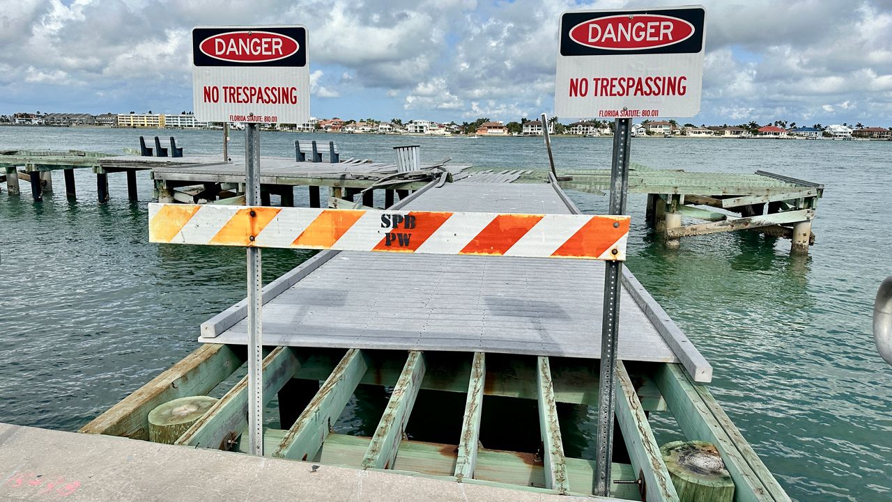 The Seventh Avenue Pass-a-Grille Pier in St. Pete Beach was damaged by Hurricane Helene in 2024 and has remained closed (Spectrum News/Josh Rojas)