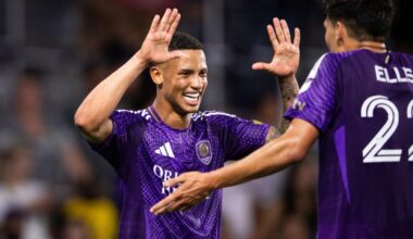 Image of Tiago celebrating a goal with Justin Ellis against Atlanta.